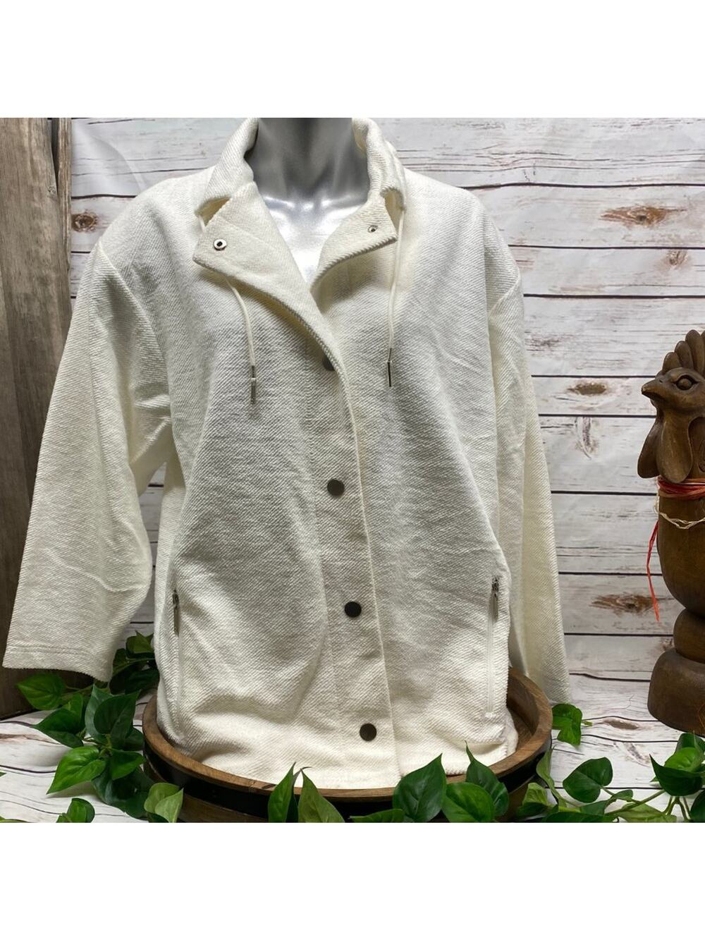 Company Ellen Tracy Snap Close White Knit Sweater Jacket Coat NWT Draw String XL